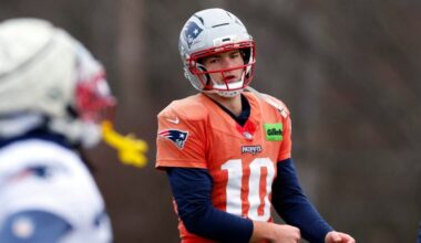 New England Patriots quarterback Drake Maye (10) during practice at Gillette Stadium on Dec. 24, 2025.