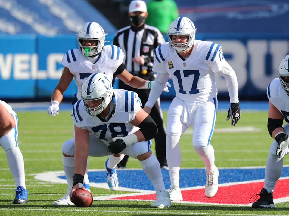 ORCHARD PARK, NY - JANUARY 09: Ryan Kelly #78 of the Indianapolis Colts waits to snap the ball as Philip Rivers #17 calls a play against the Buffalo Bills at Bills Stadium on January 9, 2021 in Orchard Park, New York. (Photo by Timothy T Ludwig/Getty Images)