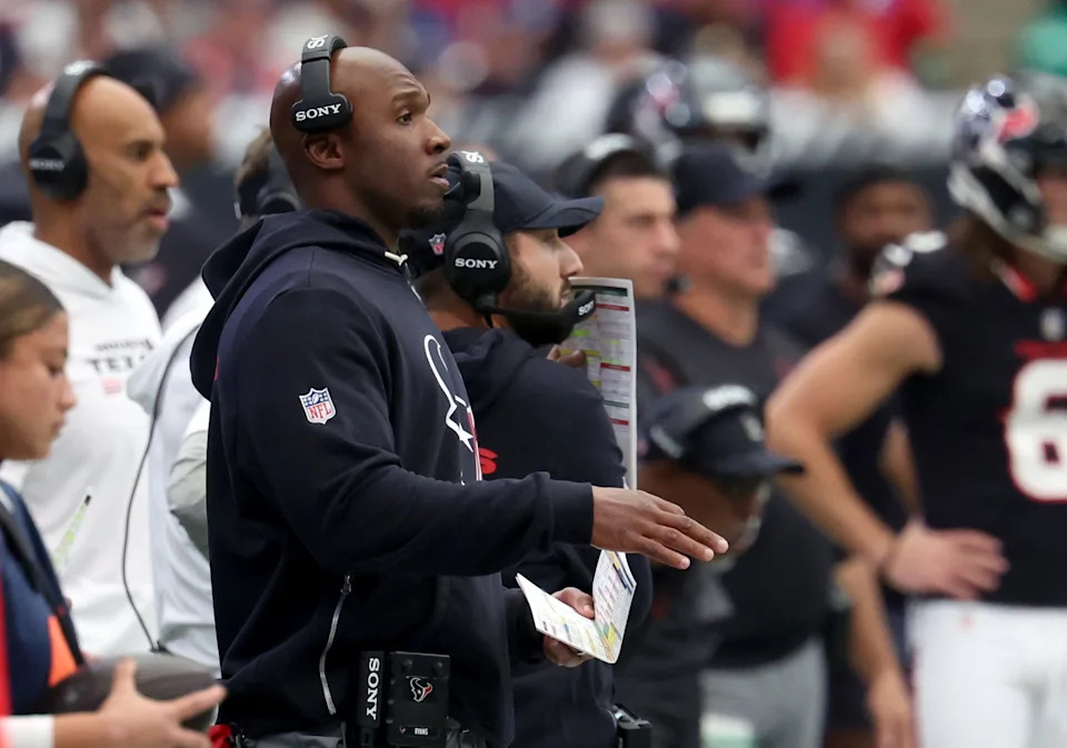 Nov 2, 2025; Houston, Texas, USA; Houston Texans head coach DeMeco Ryans during the first half against the Denver Broncos at NRG Stadium. Mandatory Credit: Thomas Shea-Imagn Images