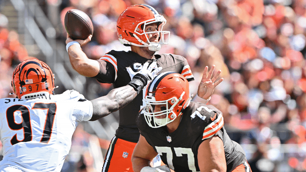 Shemar Stewart #97 of the Cincinnati Bengals pressures Joe Flacco #15 of the Cleveland Browns during the third quarter of a game at Huntington Bank Field on September 07, 2025 in Cleveland, Ohio. (Photo by Jason Miller/Getty Images)