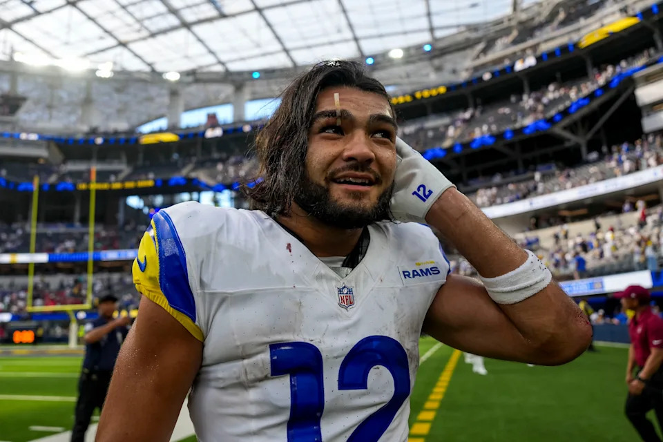 Los Angeles Rams wide receiver Puka Nacua after winning the game against Houston Texans.