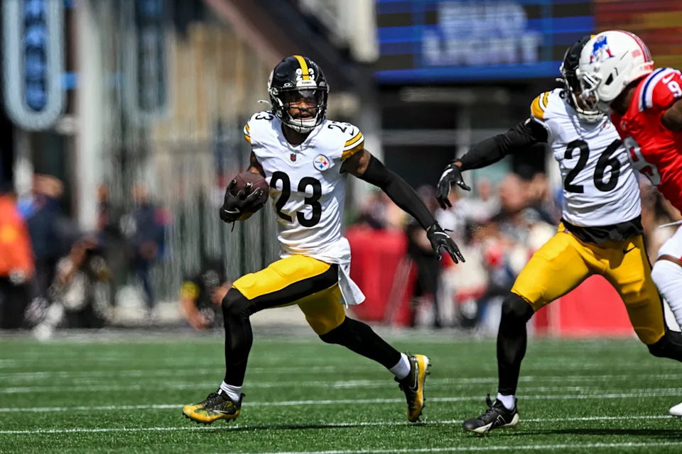 Sep 21, 2025; Foxborough, Massachusetts, USA; Pittsburgh Steelers cornerback Darius Slay (23) reacts after a fumble recovery during the first quarter at Gillette Stadium. Mandatory Credit: Brian Fluharty-Imagn Images