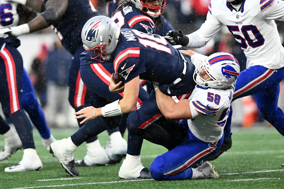 Dec 14, 2025; Foxborough, Massachusetts, USA; Buffalo Bills linebacker Matt Milano (58) sacks New England Patriots quarterback Drake Maye (10) during the second half at Gillette Stadium. Mandatory Credit: Brian Fluharty-Imagn Images