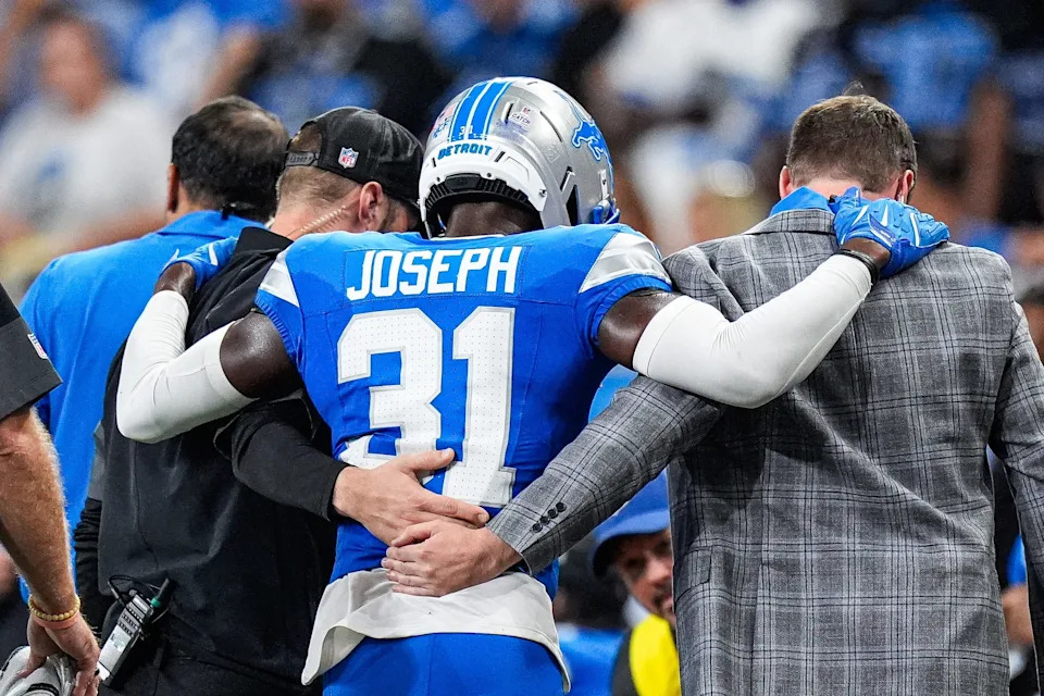 Detroit Lions safety Kerby Joseph (31) walks off the field due to an injury during the first half against Cleveland Browns at Ford Field in Detroit on Sunday, Sept. 28, 2025.