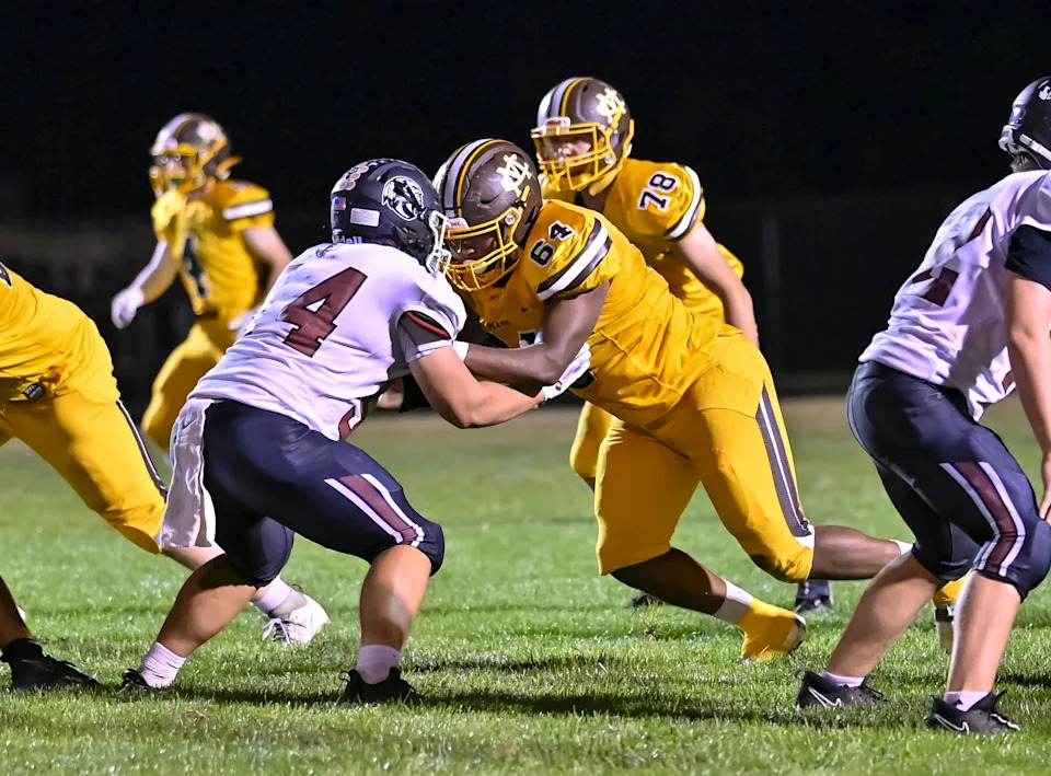 Monroe Central football's Julius Ullom (64) in the team's 27-0 win over Wes-Del at Monroe Central High School on Friday, Sept. 22, 2023.