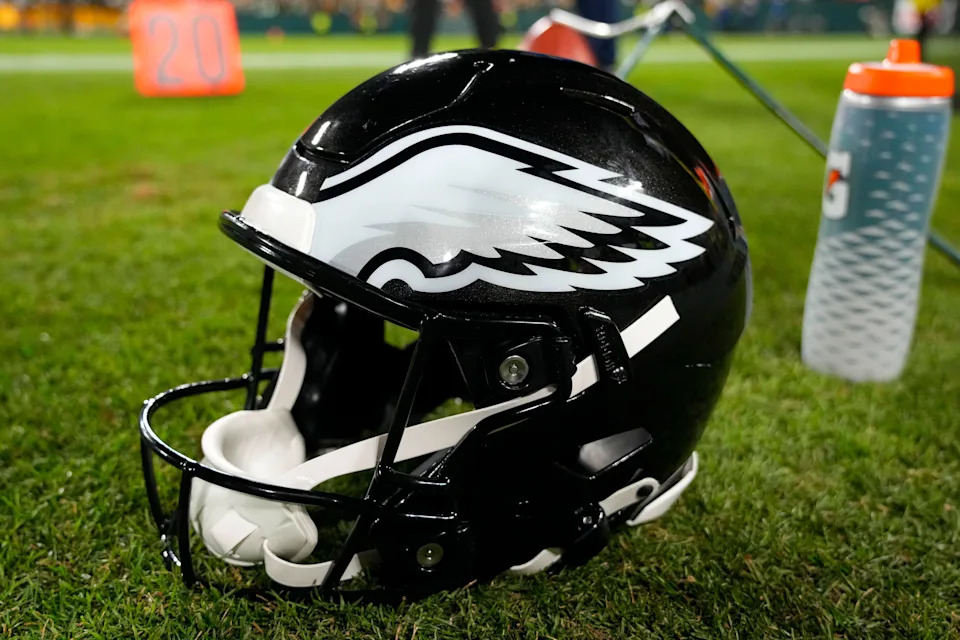 Nov 10, 2025; Green Bay, Wisconsin, USA; General view of an Philadelphia Eagles helmet during the game against the Green Bay Packers at Lambeau Field. Mandatory Credit: Jeff Hanisch-Imagn Images
