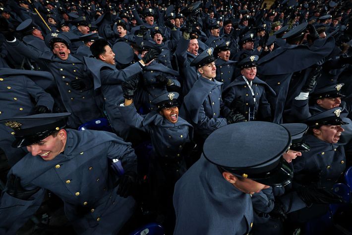 BALTIMORE, MARYLAND - DECEMBER 13: Army Black Knight cadets celebrate a play during the second half of the 126th America's Game against Navy Midshipmen at M&T Bank Stadium on December 13, 2025 in Baltimore, Maryland. The Navy Midshipmen won 17-16.