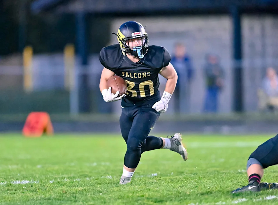 Winchester senior Aidan Weatherhead runs with the ball during an IHSAA Class 2A, Sectional 38 quarterfinal football game against Lapel Friday, Oct. 24, 2025, at Winchester High School.