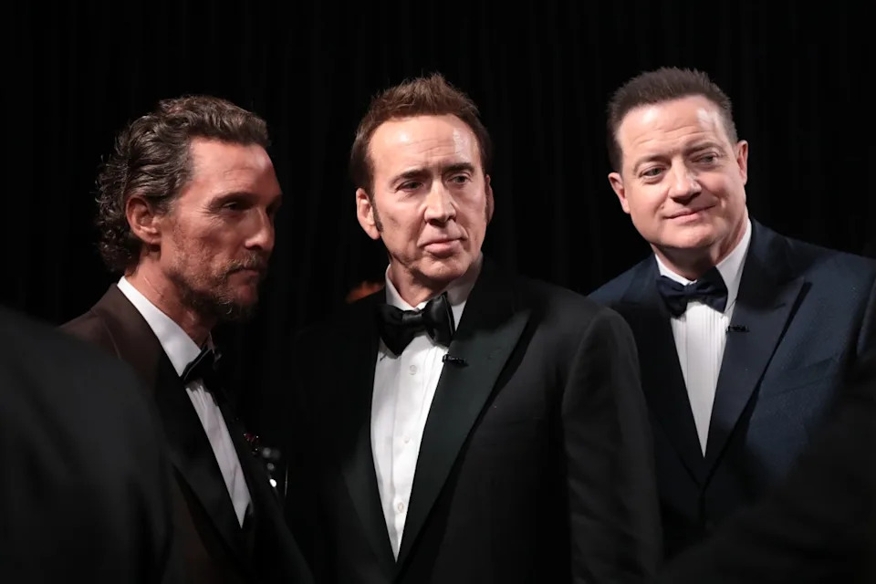 Mar 10, 2024; Los Angeles, CA, USA; Matthew McConaughey, Nicolas Cage and Brendan Fraser backstage at the 96th Oscars at the Dolby Theatre at Ovation Hollywood in Los Angeles on Sunday, March 10, 2024. Mandatory Credit: Al Seib-AMPAS / Handout via USA TODAY© Al Seib-AMPAS via USA TODAY&period;