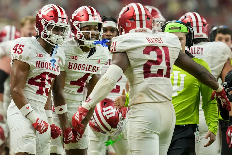 Indiana Hoosiers celebrate a missed field goal by the Ohio State Buckeyes Sunday, Dec. 7, 2025, during the Big Ten football championship at Lucas Oil Stadium in Indianapolis.