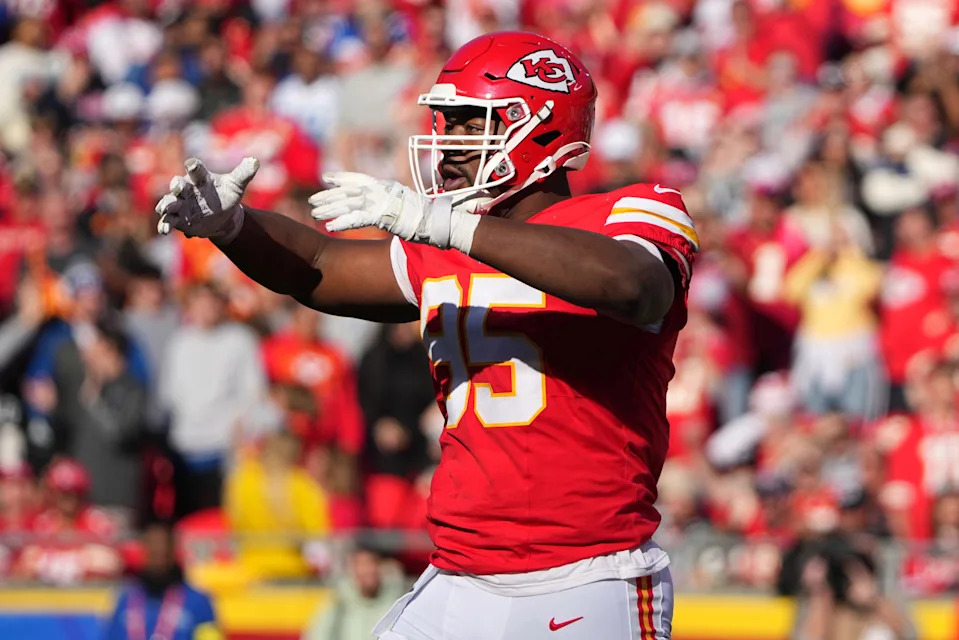 Nov 23, 2025; Kansas City, Missouri, USA; Kansas City Chiefs defensive tackle Chris Jones (95) reacts in the second quarter against the Indianapolis Colts at GEHA Field at Arrowhead Stadium. Mandatory Credit: Denny Medley-Imagn Images