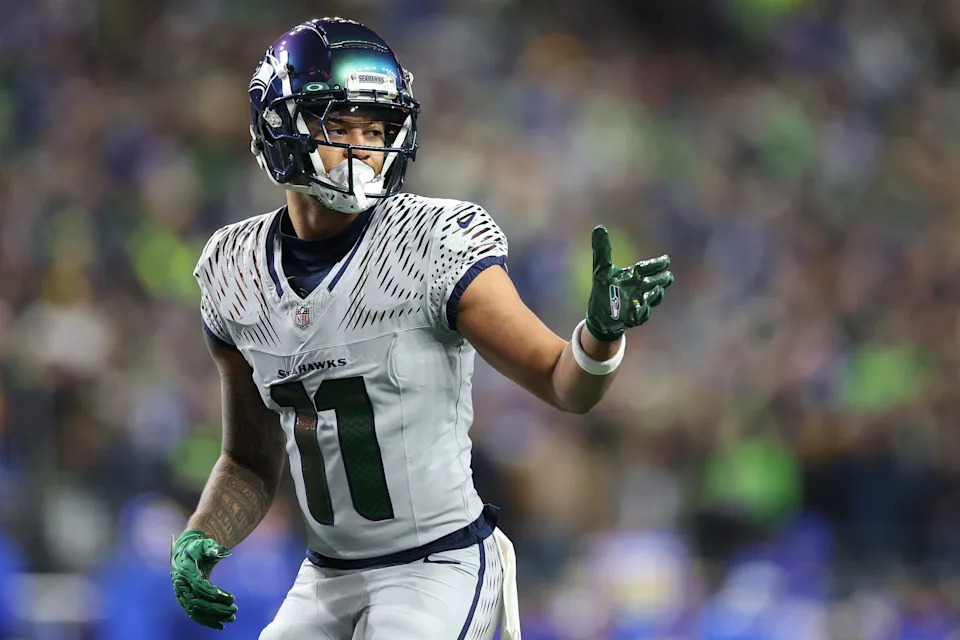 SEATTLE, WASHINGTON - DECEMBER 18: Jaxon Smith-Njigba #11 of the Seattle Seahawks checks with game officials during the first quarter against the Los Angeles Rams at Lumen Field on December 18, 2025 in Seattle, Washington. (Photo by Steph Chambers/Getty Images)