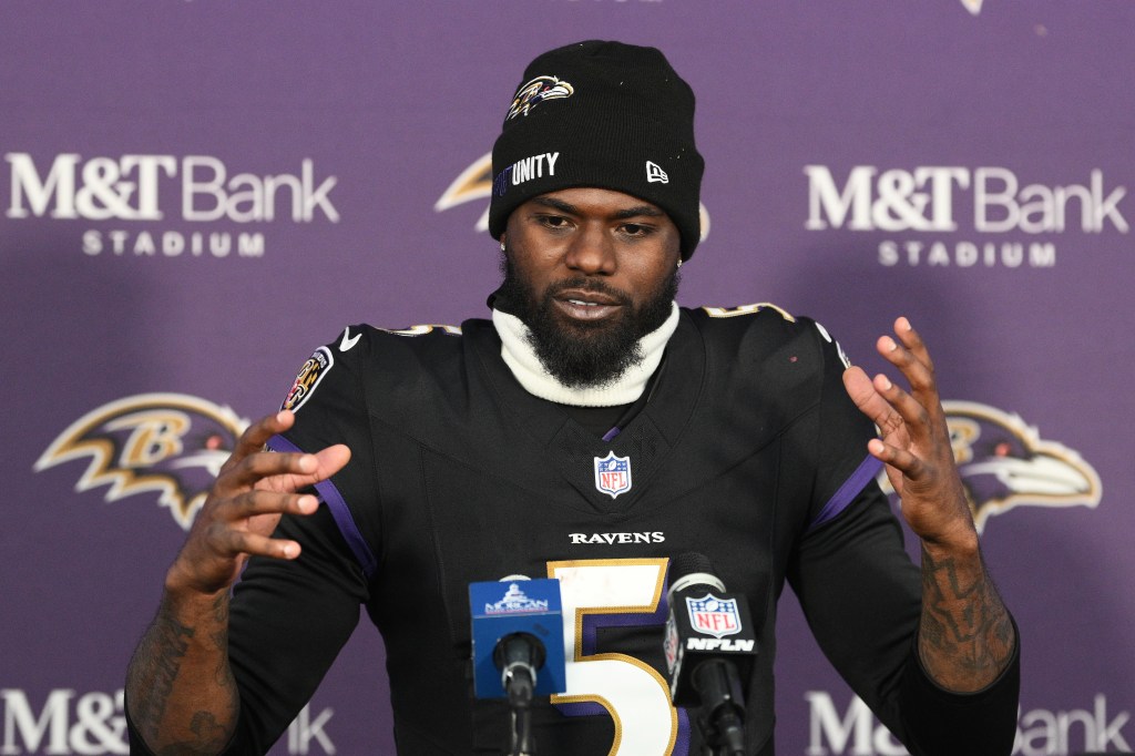 Tyler Huntley speaks at a news conference after an NFL football game against the New England Patriots, Sunday, Dec. 21, 2025.