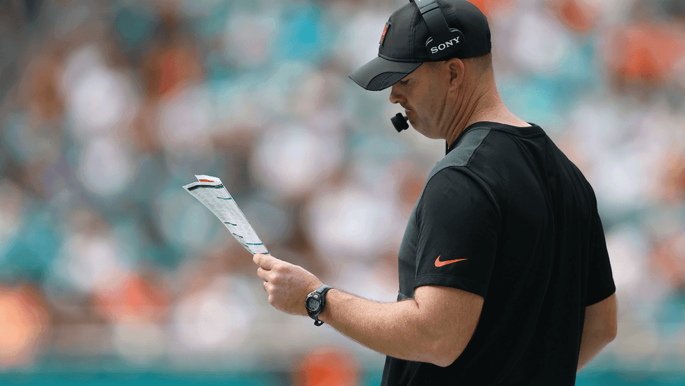 Head coach Zac Taylor of the Cincinnati Bengals looks at his play sheet in the first quarter of a game against the Miami Dolphins at Hard Rock Stadium on December 21, 2025 in Miami Gardens, Florida. (Photo by Megan Briggs/Getty Images)