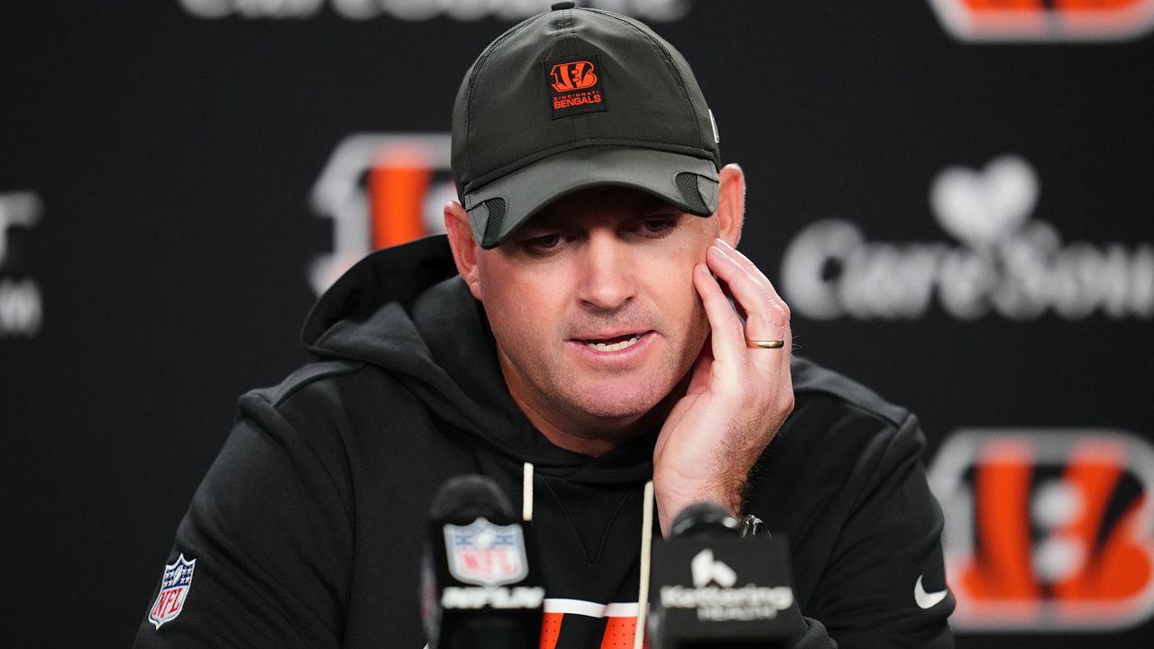 Cincinnati Bengals head coach Zac Taylor answers questions after an NFL football game against the New York Jets, Sunday, Oct. 26, 2025, in Cincinnati. (AP Photo/Jeff Dean)