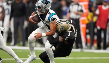 New Orleans Saints cornerback Alontae Taylor (1) sacks Carolina Panthers quarterback Bryce Young (9) during an NFL football game Sunday, Sept. 8, 2024, in New Orleans. (AP File Photo/Gerald Herbert)