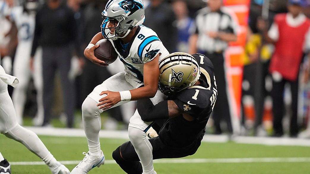New Orleans Saints cornerback Alontae Taylor (1) sacks Carolina Panthers quarterback Bryce Young (9) during an NFL football game Sunday, Sept. 8, 2024, in New Orleans. (AP File Photo/Gerald Herbert)
