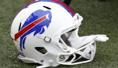 A Buffalo Bills helmet on the turf