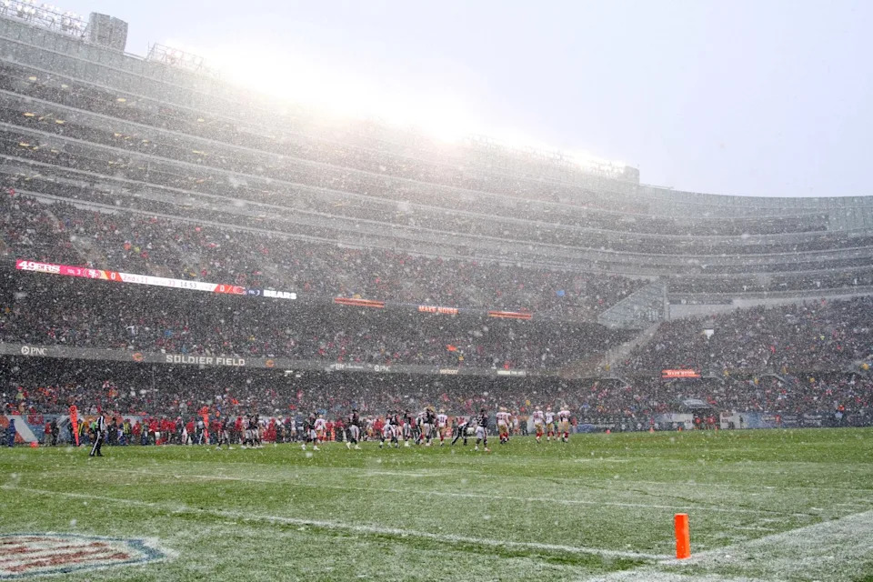 Dec 4, 2016; Chicago, IL, USA; Snow falls at Soldier Field during the game between the Chicago Bears and the San Francisco 49ers. Mandatory Credit: Caylor Arnold-USA TODAY Sports