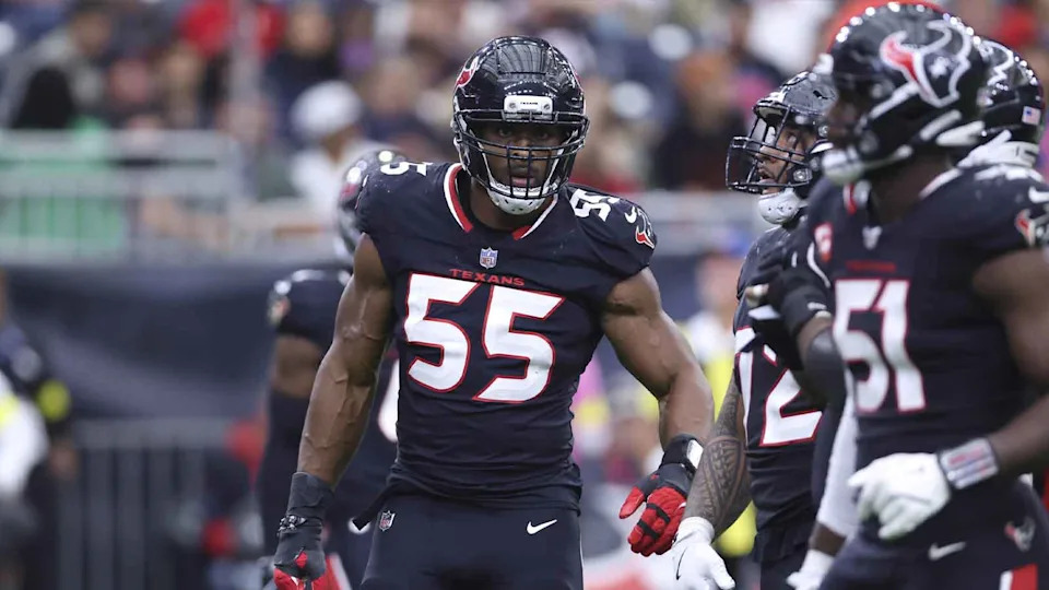 Dec 14, 2025; Houston, Texas, USA; Houston Texans defensive end Danielle Hunter (55) looks towards the sideline during the game against the Arizona Cardinals at NRG Stadium. Mandatory Credit: Troy Taormina-Imagn Images