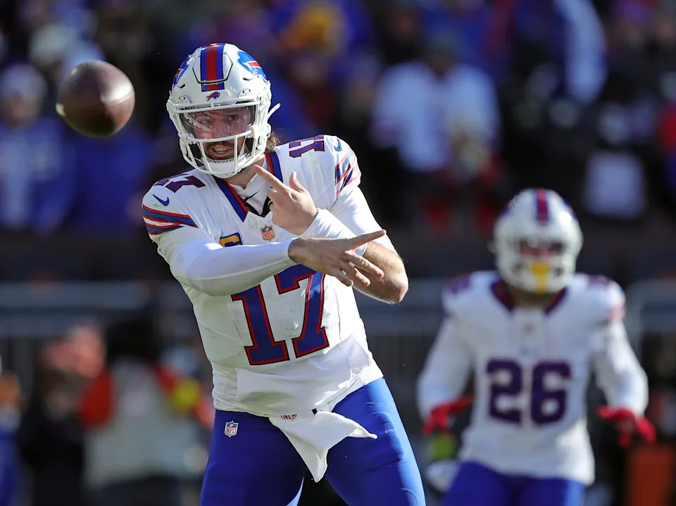 Buffalo Bills quarterback Josh Allen (17) gets a pass off during the first half of an NFL football game at Huntington Bank Field, Dec. 21, 2025, in Cleveland, Ohio.