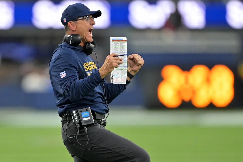 Nov 30, 2025; Inglewood, California, USA; Los Angeles Chargers head coach Jim Harbaugh reacts during the second half at SoFi Stadium. Mandatory Credit: Jayne Kamin-Oncea-Imagn Images