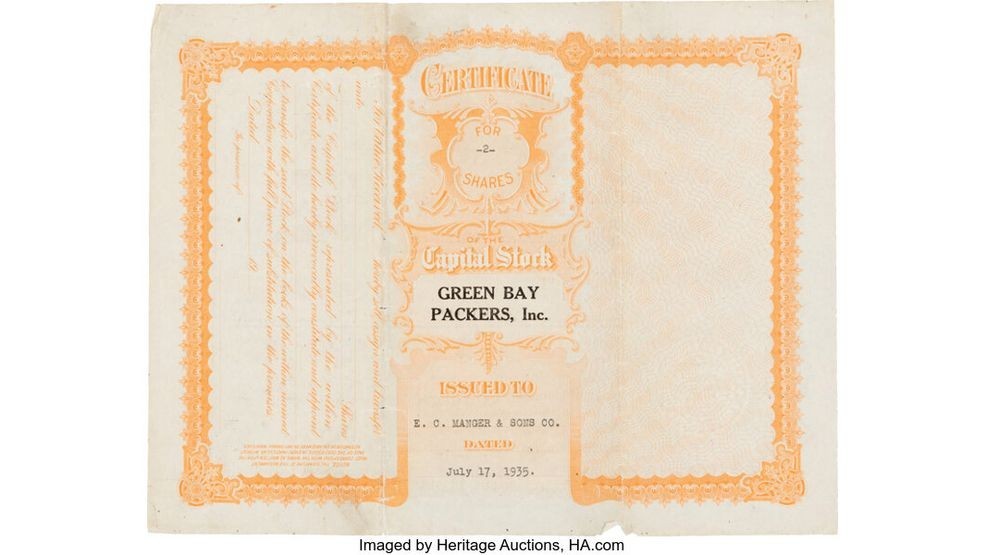 Reverse side of a 1935 Green Bay Packers stock certificate, available at auction December 2025. (Credit: Heritage Auctions)