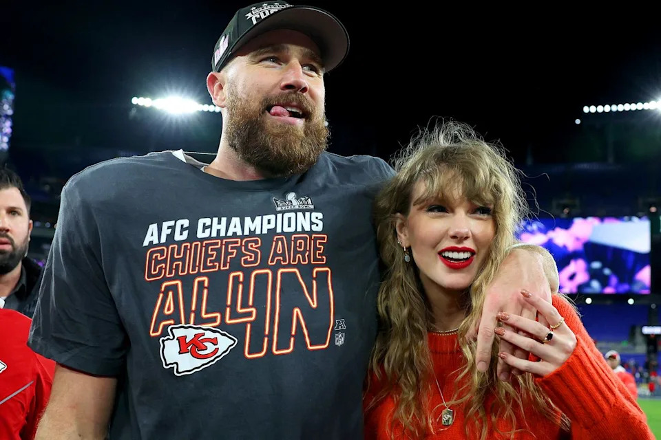 Patrick Smith/Getty  Taylor Swift and Travis Kelce in Baltimore in January 2024