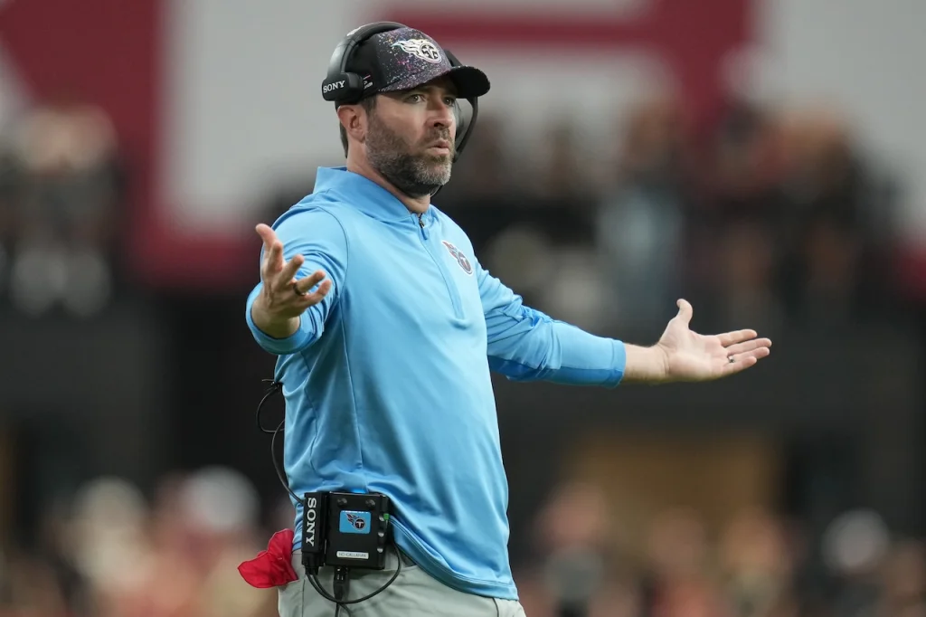 Tennessee Titans head coach Brian Callahan during an NFL football game against the Arizona Cardinals, Sunday, Oct. 5, 2025, in Glendale, Ariz. (AP Photo/Rick Scuteri)