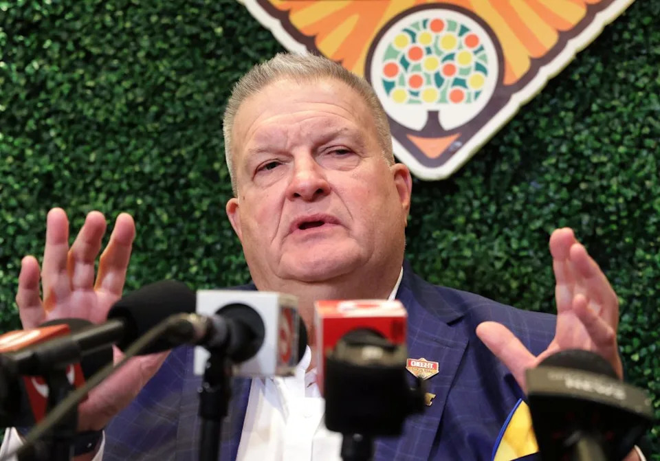 Michigan interim head coach Biff Poggi answers a question during an NCAA college football Citrus Bowl news conference in Winter Park, Fla., Monday, Dec. 15, 2025, ahead of his team’s New Year’s Eve appearance against Texas. AP