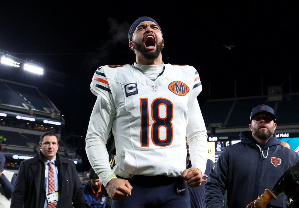 Chicago Bears quarterback Caleb Williams (18) celebrates after the game against the Philadelphia Eagles.