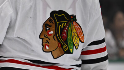 Oct 26, 2024; Dallas, Texas, USA; A view of the logo on the jersey of Chicago Blackhawks goaltender Petr Mrazek (34) during the game between the Dallas Stars and the Chicago Blackhawks at American Airlines Center.