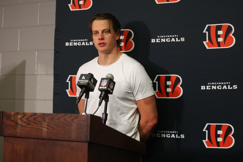 Cincinnati Bengals quarterback Joe Burrow speaking at a news conference.