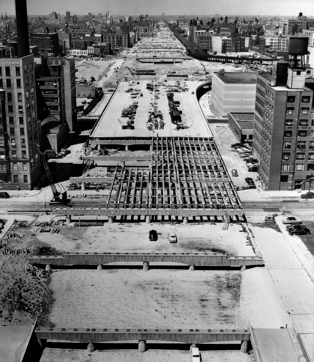 The Congress Expressway project, looking west from the Main Post Office, as a section of pavement had been completed. The cleared area for the highway extends into the distance. (Chicago Tribune historical photo)