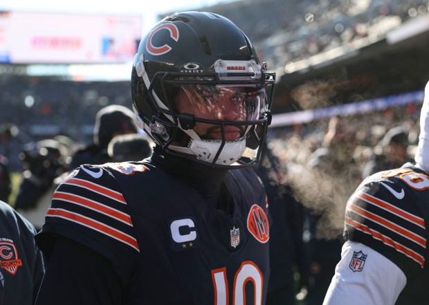 Chicago Bears quarterback Caleb Williams warms up to face the Cleveland Browns on Sunday, Dec. 14, 2025, at Soldier Field. (Brian Cassella/Chicago Tribune)