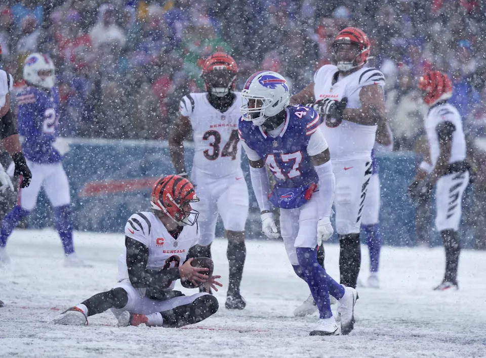 Buffalo Bills cornerback Christian Benford celebrates sacking Cincinnati Bengals quarterback Joe Burrow during first half action at Highmark Stadium in Orchard Park on Dec. 7, 2025.
