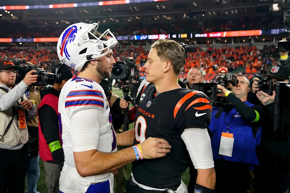 Nov 5, 2023; Cincinnati, Ohio, USA; Buffalo Bills quarterback Josh Allen (17) and Cincinnati Bengals quarterback Joe Burrow (9) shake hands at the conclusion of their game at Paycor Stadium. Mandatory Credit: Kareem Elgazzar-USA TODAY Sports