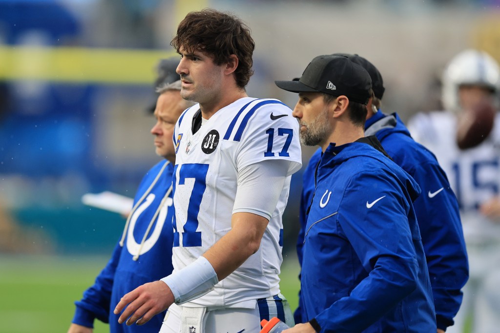 Daniel Jones #17 of the Indianapolis Colts walks off the field after an injury against the Jacksonville Jaguars during the first quarter at EverBank Stadium on December 07, 2025 in Jacksonville, Florida.