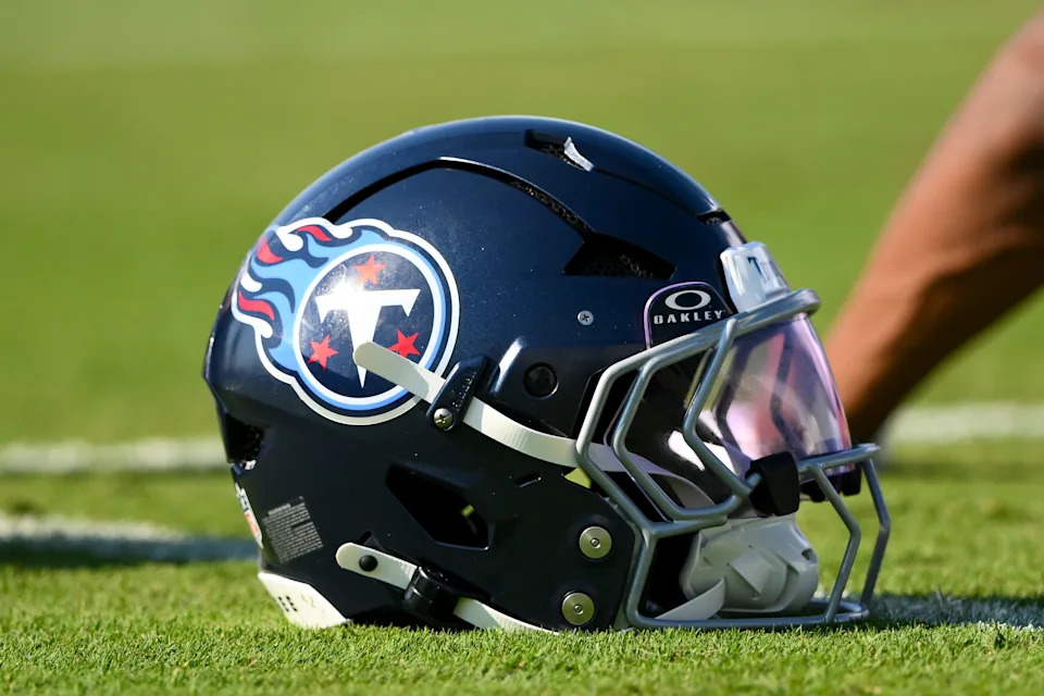 Jul 24, 2025; Nashville, TN, USA; Tennessee Titans helmet during training camp at Ascension Saint Thomas Sports Park. Mandatory Credit: Steve Roberts-Imagn Images