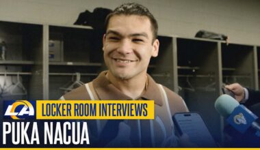 Wide receiver Puka Nacua reacts to the Los Angeles Rams' 45-17 win over the Arizona Cardinals