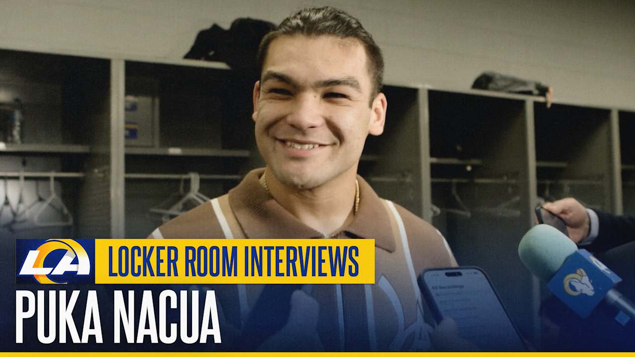 Wide receiver Puka Nacua reacts to the Los Angeles Rams' 45-17 win over the Arizona Cardinals