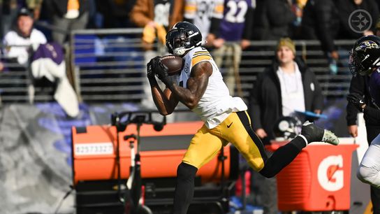 Steelers wide receiver DK Metcalf hauls in a long pass during during Pittsburgh's 27-22 win over the Baltimore Ravens in Week 14 of the 2025 NFL Regular Season. Steelers DK Metcalf