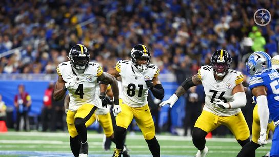 Steelers wide receiver DK Metcalf (4), tight end Jonnu Smith (81), and offensive tackle Troy Fautanu (76) during a regular season matchup between the Pittsburgh Steelers and Detroit Lions.