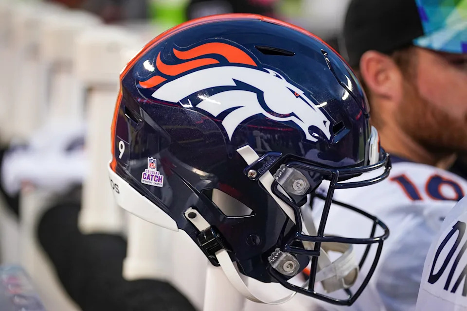 A general view of a Denver Broncos helmet.