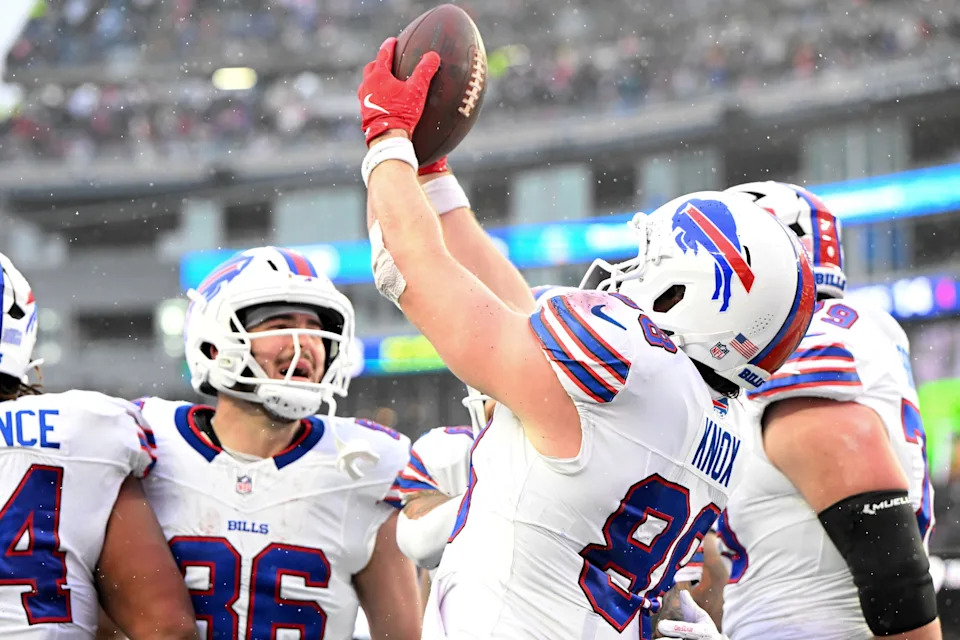 Dec 14, 2025; Foxborough, Massachusetts, USA; Buffalo Bills tight end Dawson Knox (88) reacts after scoring a touchdown against the New England Patriots during the second half at Gillette Stadium. Mandatory Credit: Brian Fluharty-Imagn Images