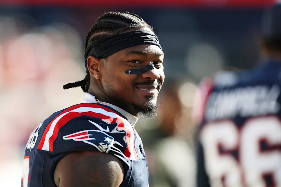 FOXBOROUGH, MASSACHUSETTS - NOVEMBER 02: Stefon Diggs #8 of the New England Patriots looks on against the Atlanta Falcons before the game at Gillette Stadium on November 02, 2025 in Foxborough, Massachusetts. (Photo by Maddie Meyer/Getty Images)