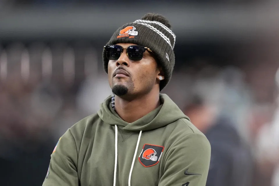 Cleveland Browns quarterback Deshaun Watson watches on the sidelines against the Las Vegas Raiders in the second half at Allegiant Stadium. IMAGN IMAGES via Reuters Connect