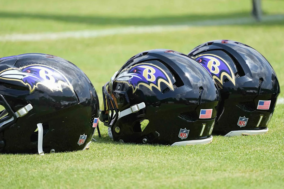 Jul 23, 2025; Owings Mills, MD, USA; Baltimore Ravens helmets await use during training camp at the Under Armour Performance Center. Mandatory Credit: Mitch Stringer-Imagn Images