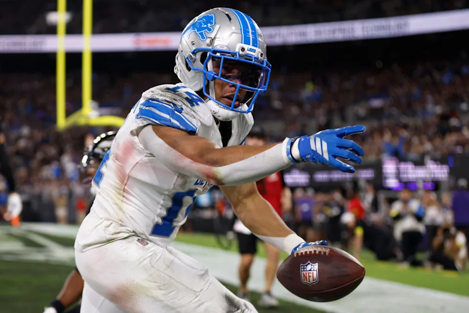 Detroit Lions wide receiver Amon-Ra St. Brown reacts after a touchdown.