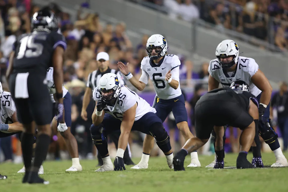 Sep 30, 2023; Fort Worth, Texas, USA; West Virginia Mountaineers offensive lineman Tomas Rimac (55) on the line of scrimmage in the second quarter against the TCU Horned Frogs at Amon G. Carter Stadium. Mandatory Credit: Tim Heitman-USA TODAY Sports